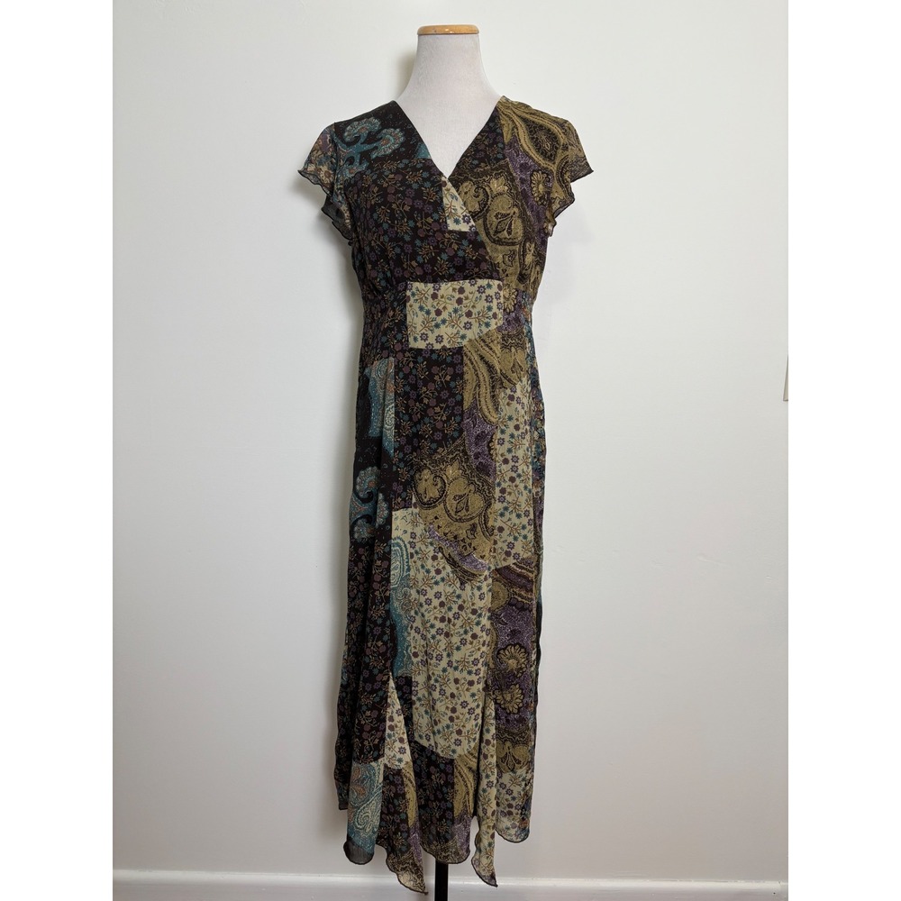 Style & Co VTG Y2K Flutter Sleeve Patchwork Dress 10 Forest Floral Handkerchief